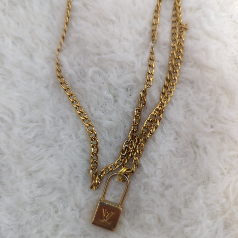 Louis Vuitton Gold Padlock Necklace Upcycled Authentic Brass/ Stainless Steel - Picture 3 of 5